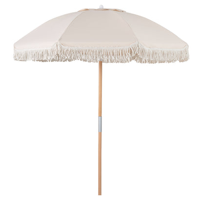 6 Feet Patio Umbrella with Fringe with Push Button Tilt and Wood Pole-White