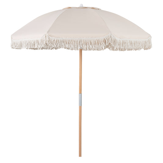 6 Feet Patio Umbrella with Fringe with Push Button Tilt and Wood Pole-White