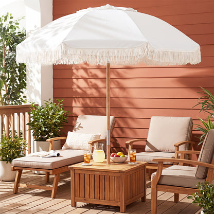 6 Feet Patio Umbrella with Fringe with Push Button Tilt and Wood Pole-White color
