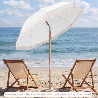 6 Feet Patio Umbrella with Fringe with Push Button Tilt and Wood Pole-White color