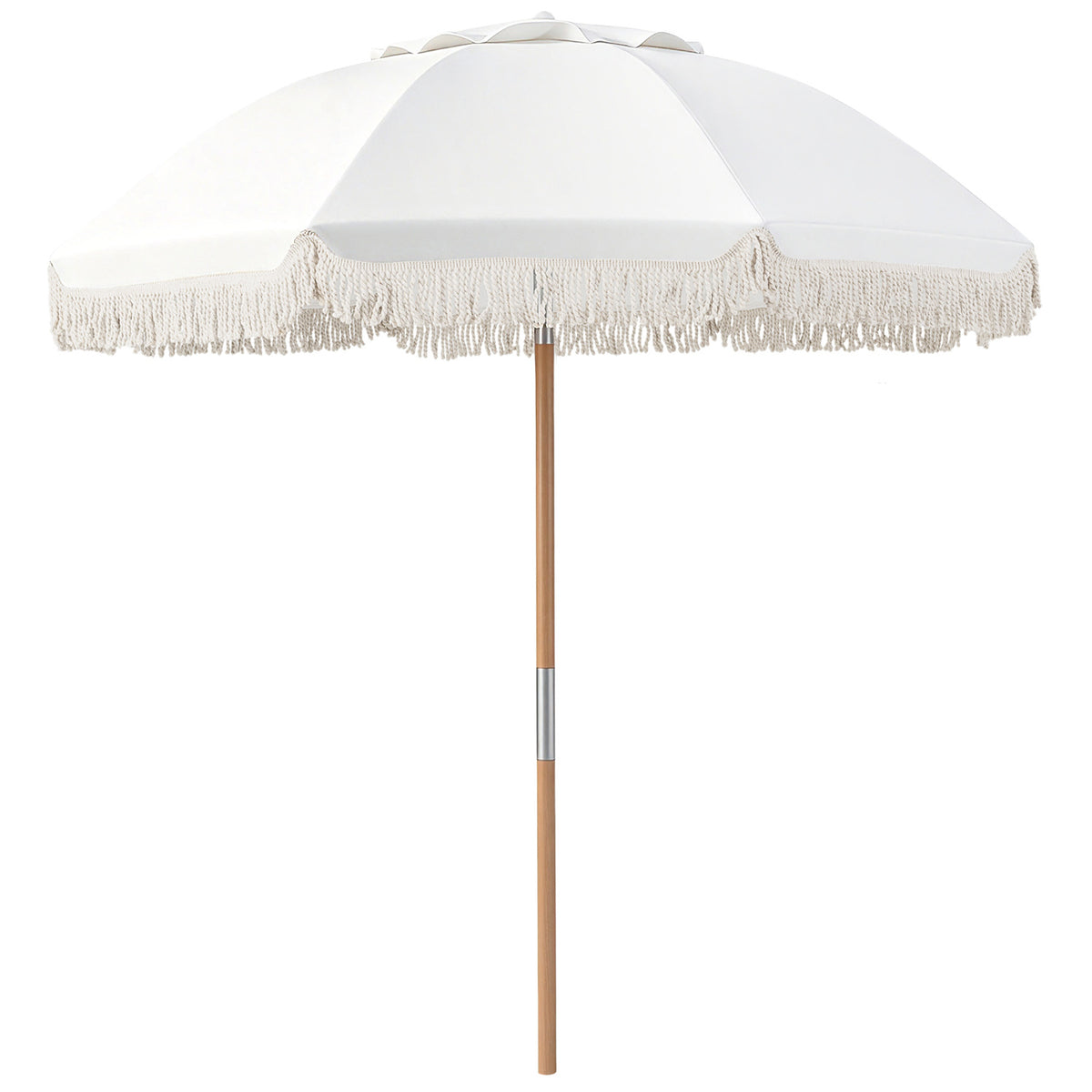 6 Feet Patio Umbrella with Fringe with Push Button Tilt and Wood Pole-White color