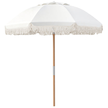 6 Feet Patio Umbrella with Fringe with Push Button Tilt and Wood Pole-White color