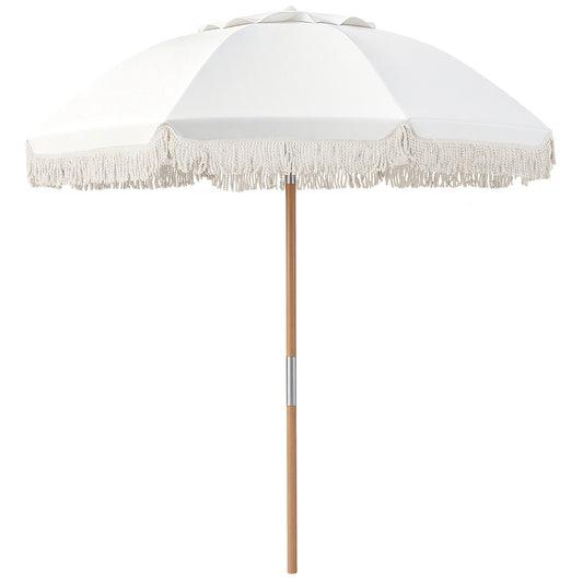 6 Feet Patio Umbrella with Fringe with Push Button Tilt and Wood Pole-White color