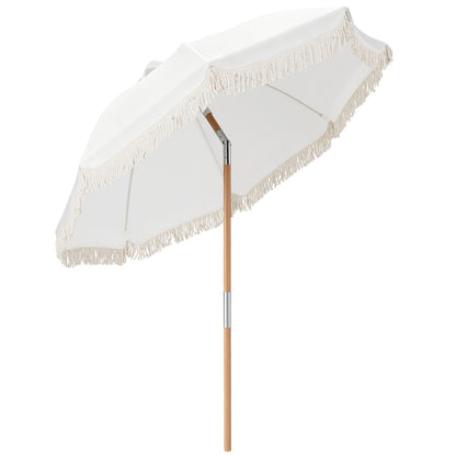 6 Feet Patio Umbrella with Fringe with Push Button Tilt and Wood Pole-White color