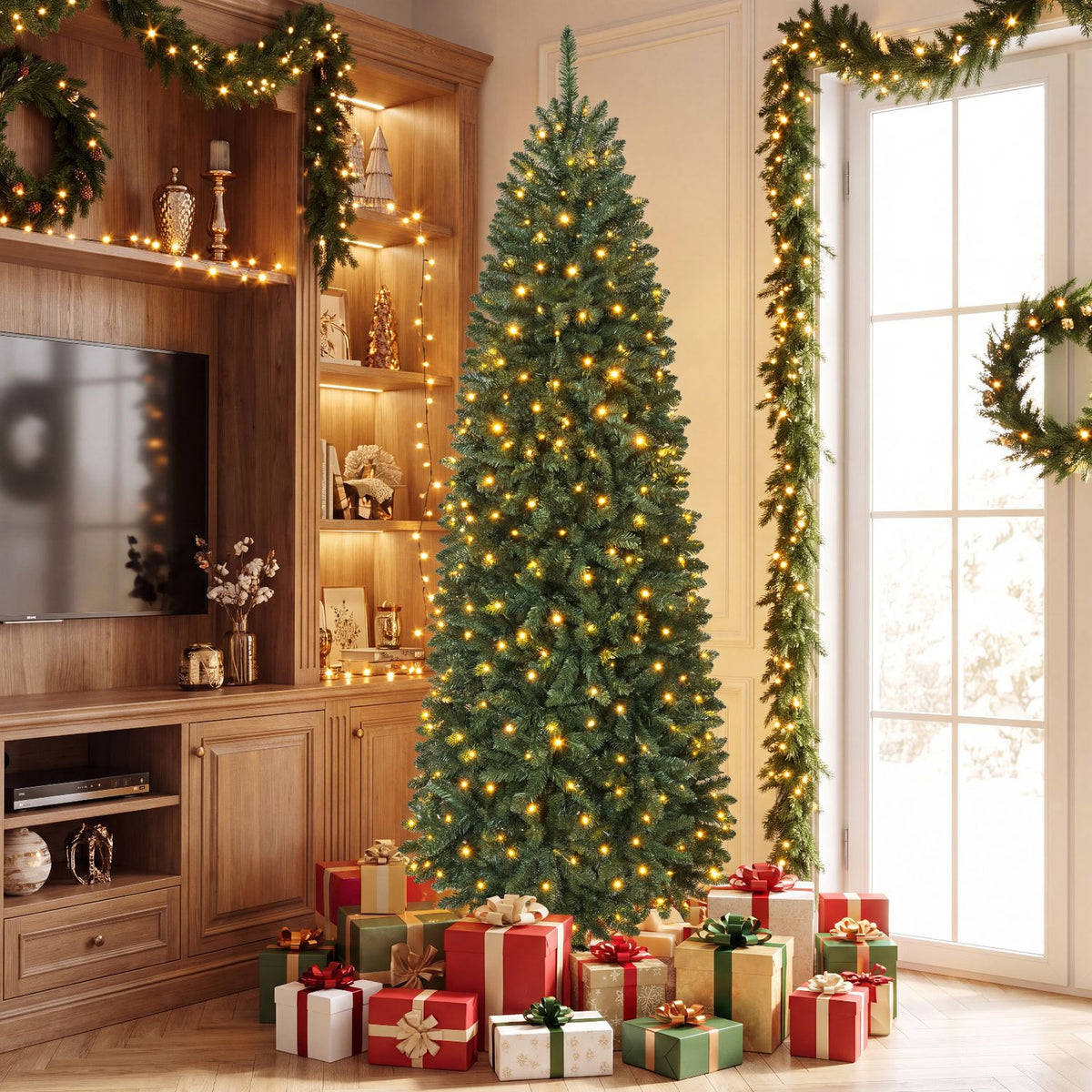 6 Feet Pre-Lit Artificial Christmas Tree with 300/250/170/380 Warm White and Multi-color LED