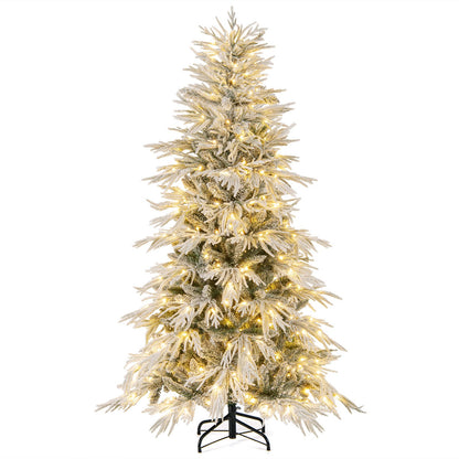 7 Feet Snow-flocked Artificial Christmas Tree Pre-lit Hinged Xmas Tree with Warm White LED Lights