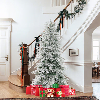 7 Feet Snow-flocked Artificial Christmas Tree Pre-lit Hinged Xmas Tree with Warm White LED Lights