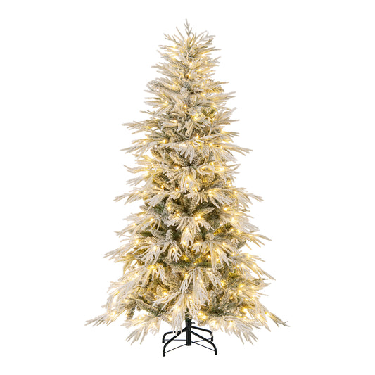 6-foot snow-flocked artificial Christmas tree with warm white LED lights, pre-lit and hinged for easy setup, from Wilsons Home Store