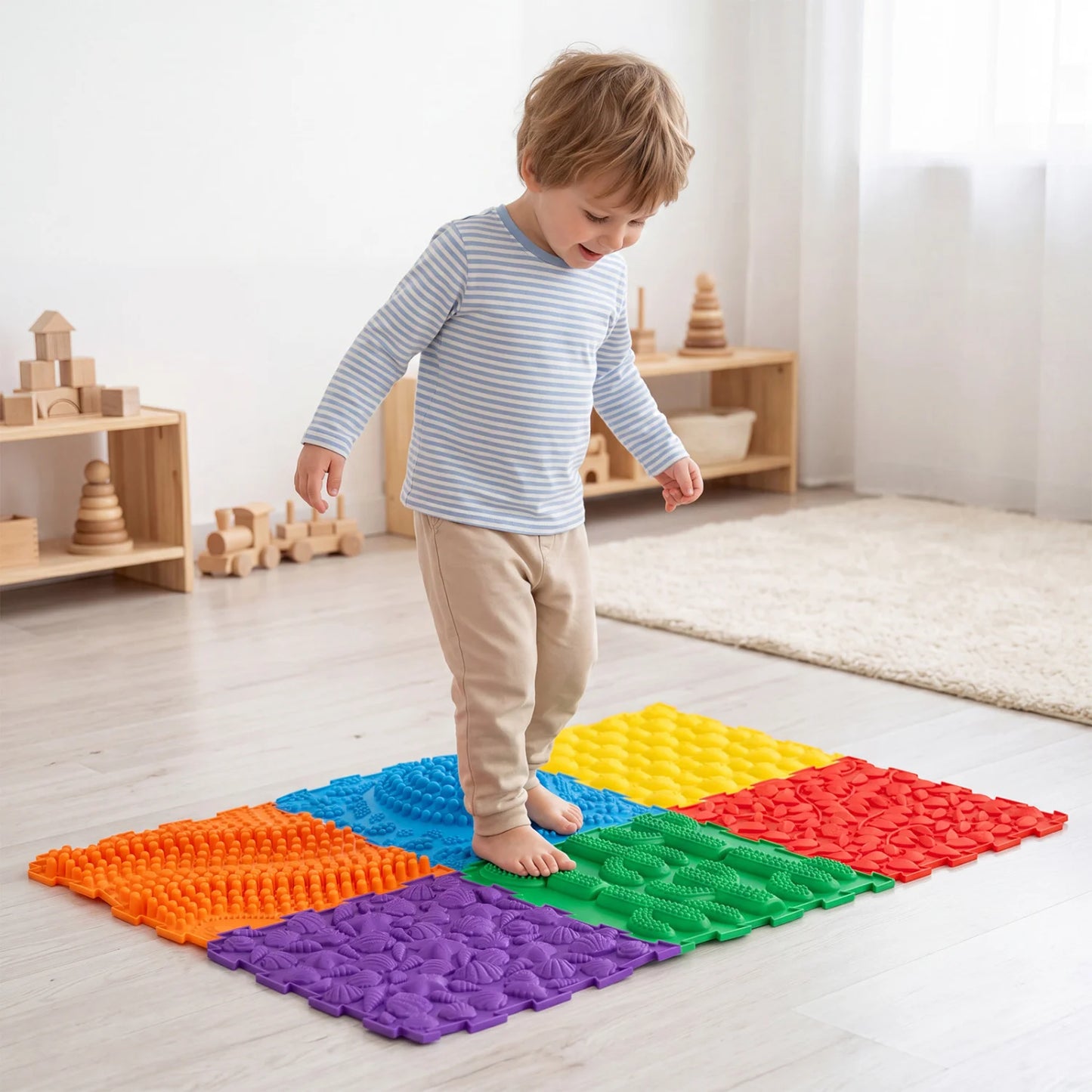 Six colorful interlocking sensory mats for kids and adults, perfect for play areas and gyms, by Wilsons Home Store.