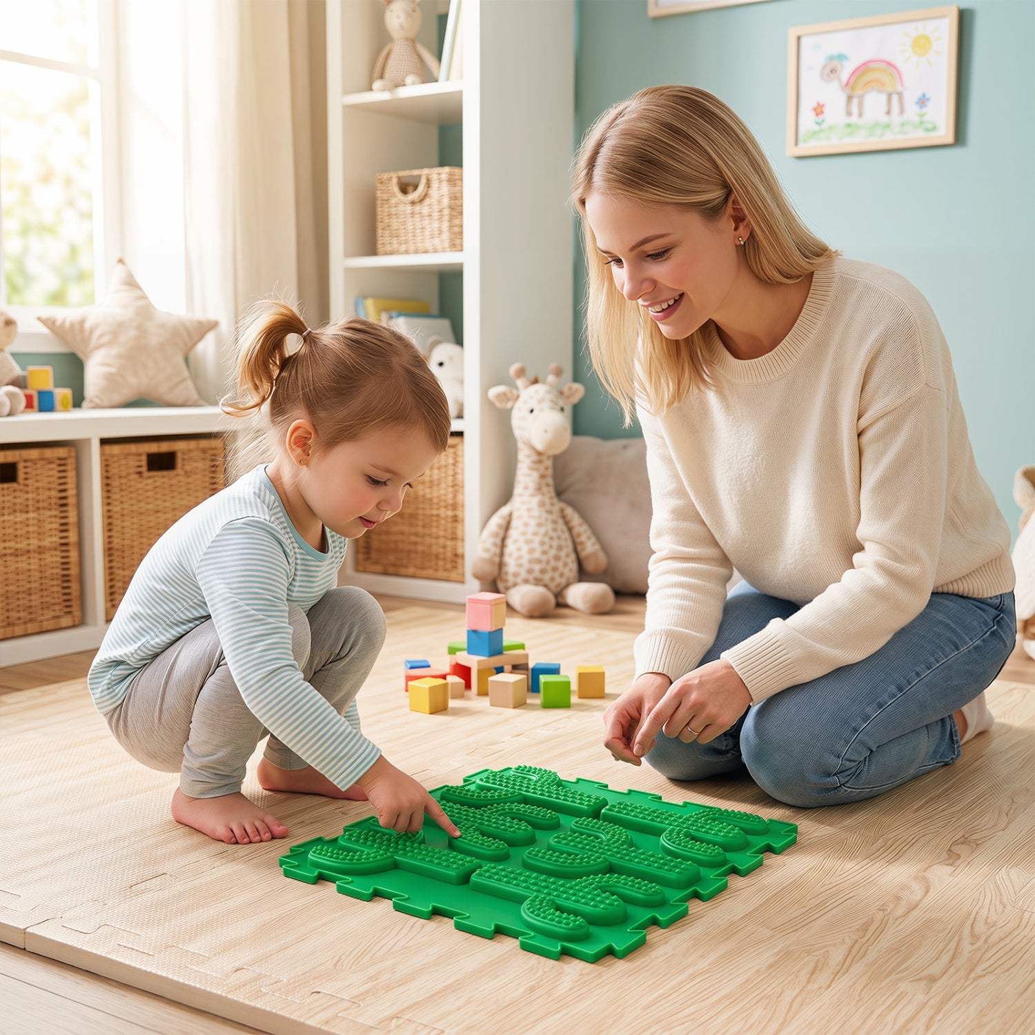 Six colorful interlocking sensory mats for kids and adults, ideal for baby gyms and play areas, by Wilsons Home Store.