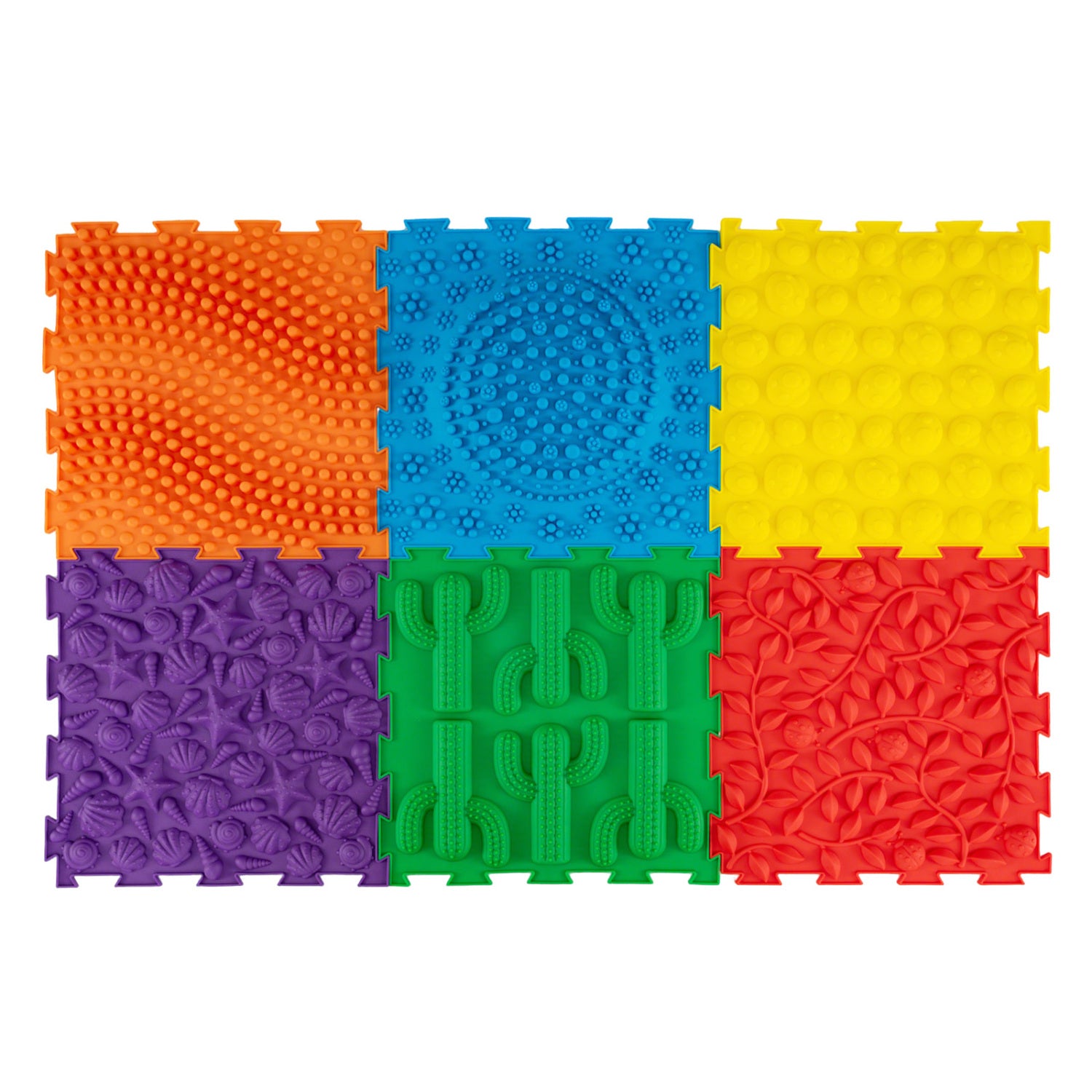 Six colorful interlocking sensory mats for kids and adults, soft and safe play area for baby gyms and activity spaces.