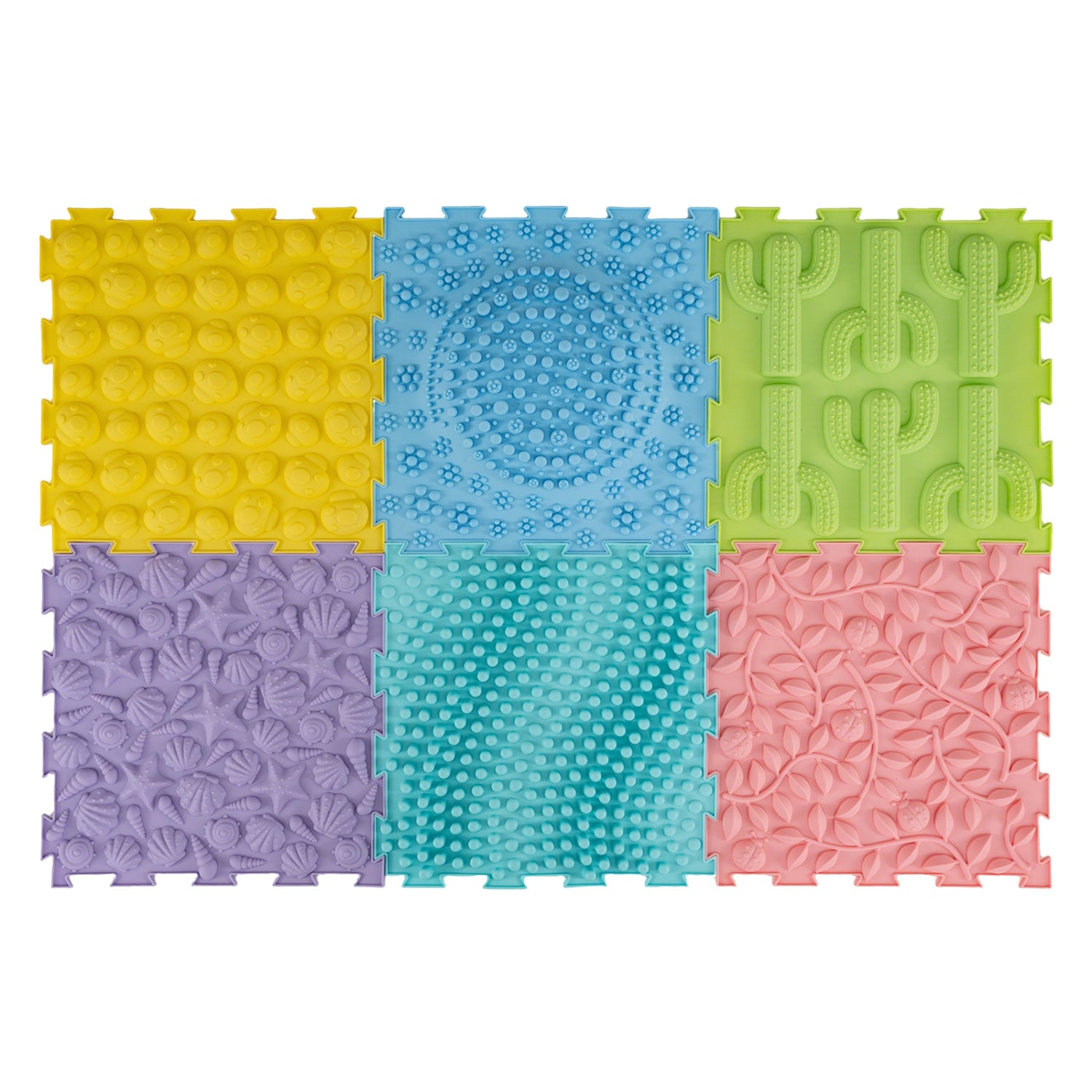 Six colorful interlocking sensory mats for kids and adults, soft foam baby gym and playmat set by Wilsons Home Store.