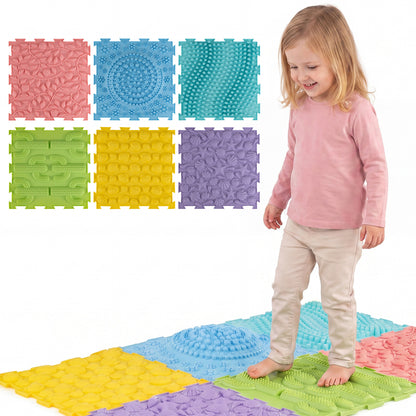 Six colorful interlocking sensory mats for kids and adults, soft foam play mats for baby gyms and activity areas.