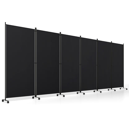 6 Panel Folding Privacy Screen Room Divider with Wheels-Black