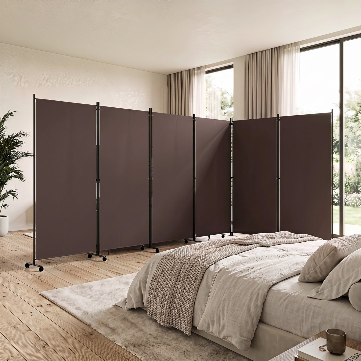 6 Panel Folding Privacy Screen Room Divider with Wheels-Black