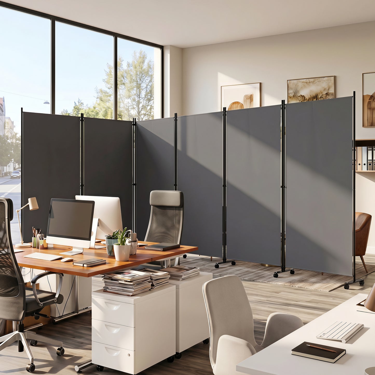 6 Panel Folding Privacy Screen Room Divider with Wheels-Black