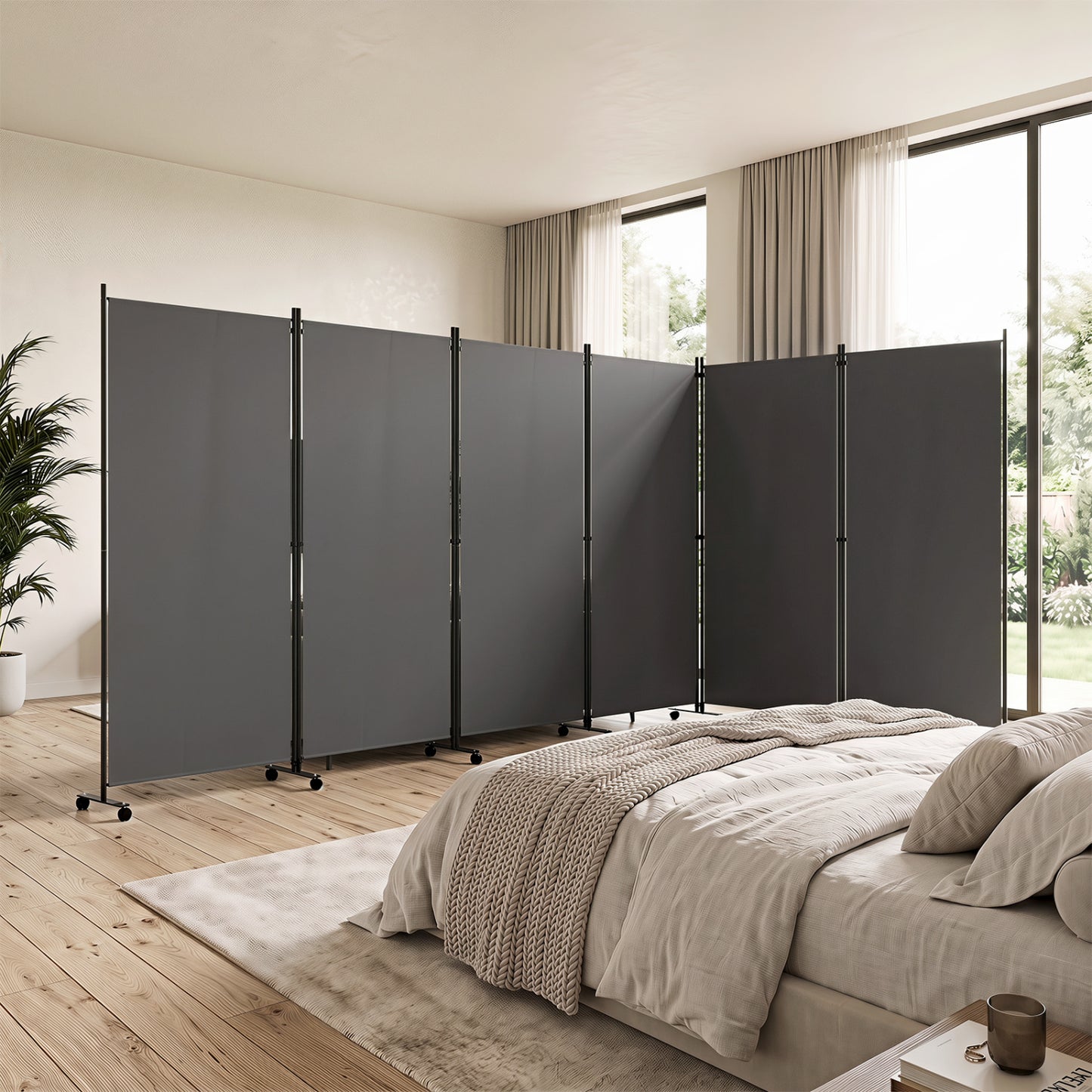 6 Panel Folding Privacy Screen Room Divider with Wheels-Black