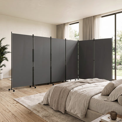 6 Panel Folding Privacy Screen Room Divider with Wheels-Black