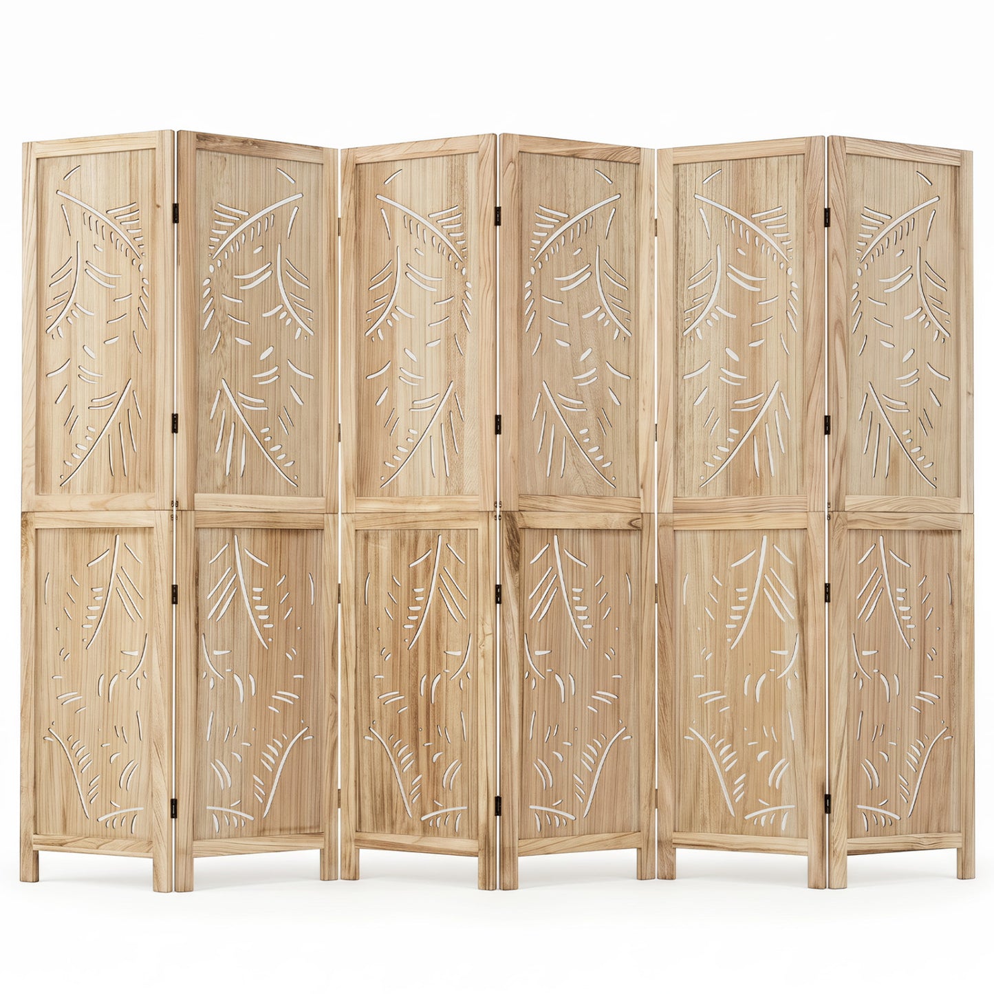 6-Panel Wooden Room Divider with Palm Leaf Design & Paulownia Frame for Home