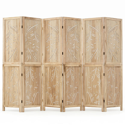 6-Panel Wooden Room Divider with Palm Leaf Design & Paulownia Frame for Home