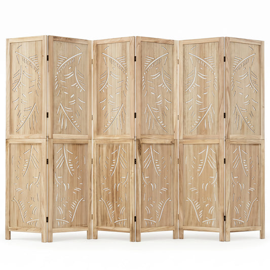 6-Panel Wooden Room Divider with Palm Leaf Design & Paulownia Frame for Home