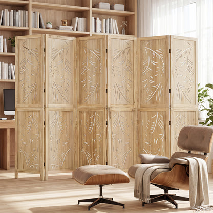 6-Panel Wooden Room Divider with Palm Leaf Design & Paulownia Frame for Home