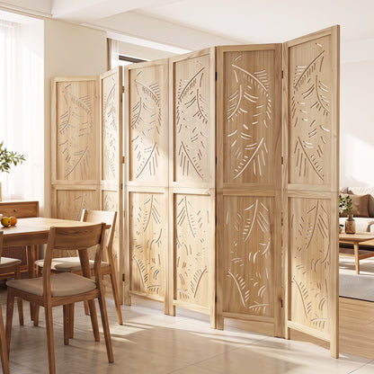6-Panel Wooden Room Divider with Palm Leaf Design & Paulownia Frame for Home