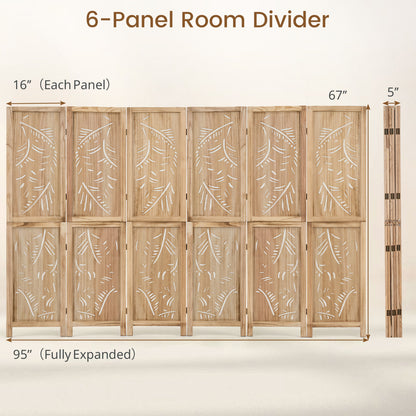 6-Panel Wooden Room Divider with Palm Leaf Design & Paulownia Frame for Home