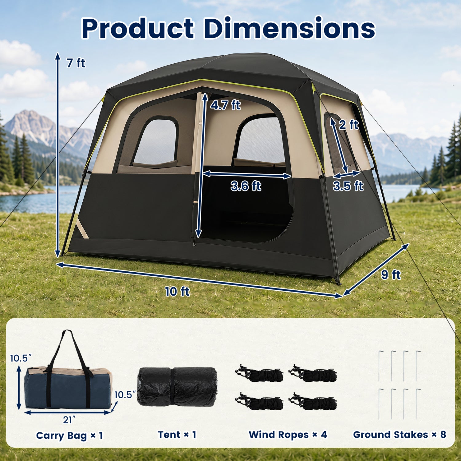 6-person camping tent with rainfly, mesh windows, and easy setup, ideal for family outdoor camping trips.