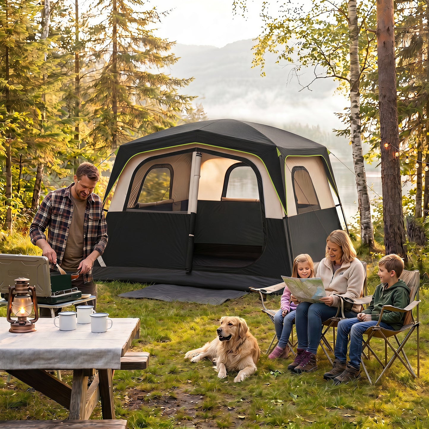 Black 6-person camping tent with mesh windows and rainfly, easy setup family cabin tent for outdoor camping adventures.