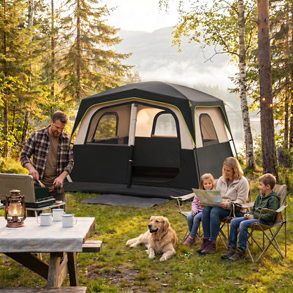 Black 6-person camping tent with mesh windows and rainfly, easy setup family cabin tent for outdoor camping adventures.