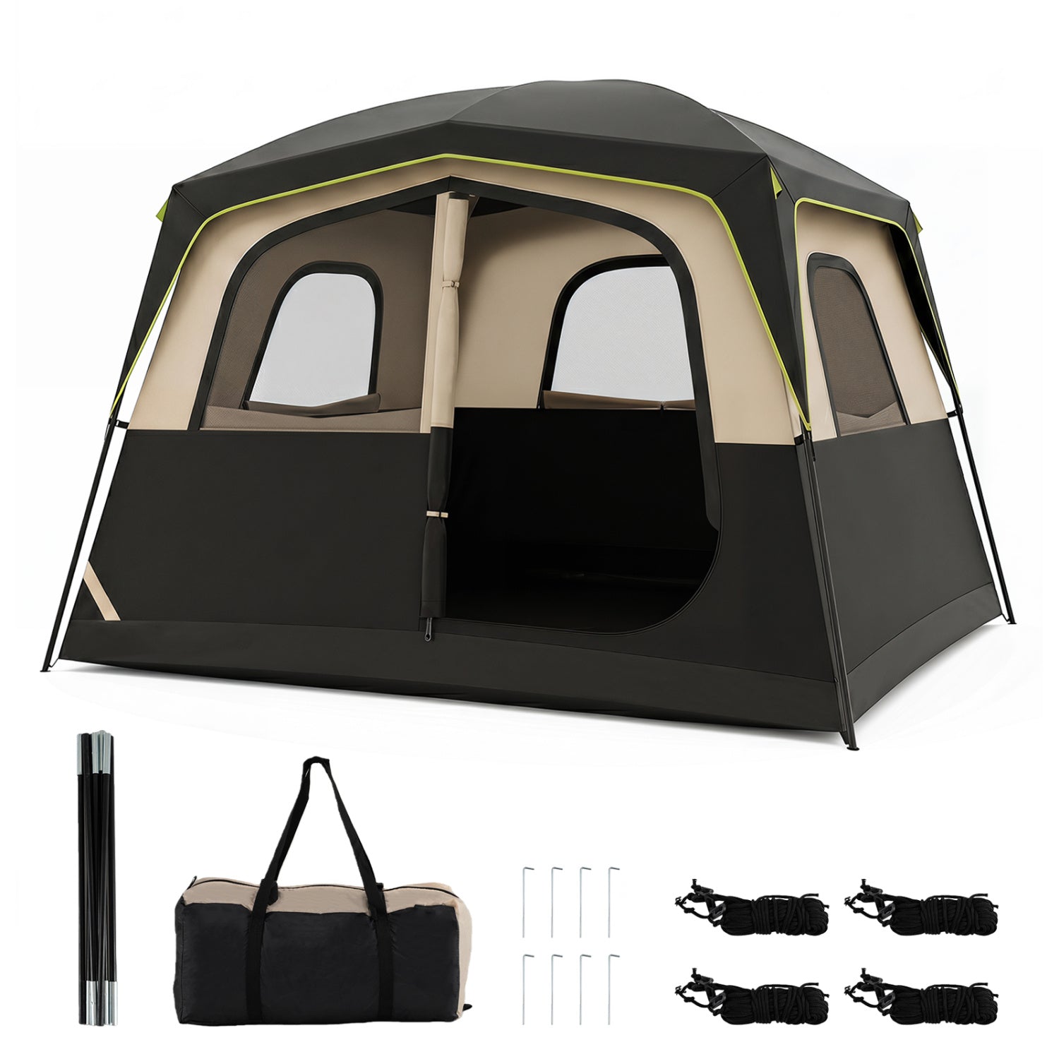 Black 6-person family camping tent with mesh windows, rainfly, and easy setup for outdoor camping adventures.