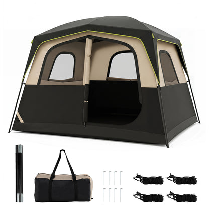 Black 6-person family camping tent with mesh windows, rainfly, and easy setup for outdoor camping adventures.