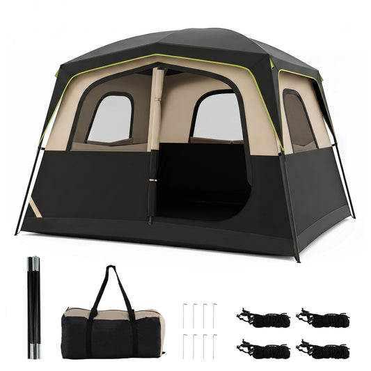 Black 6-person family camping tent with mesh windows, rainfly, and easy setup for outdoor camping adventures.