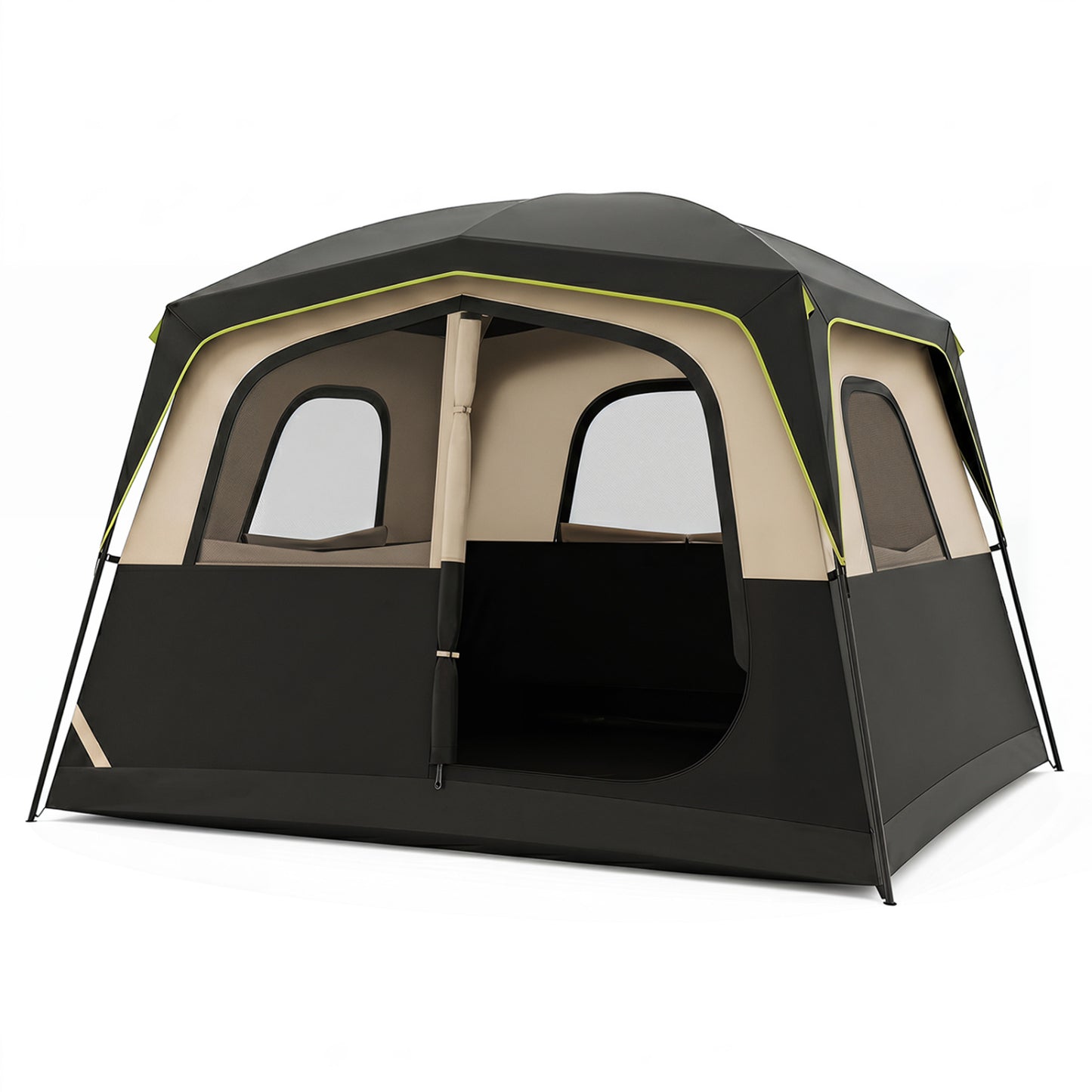 Black 6-person camping tent with mesh windows and rainfly, easy setup family cabin tent for outdoor camping trips.