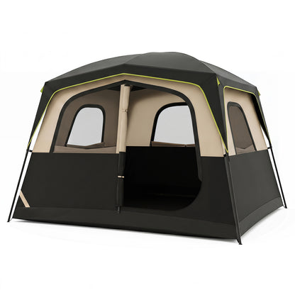 Black 6-person camping tent with mesh windows and rainfly, easy setup family cabin tent for outdoor camping trips.