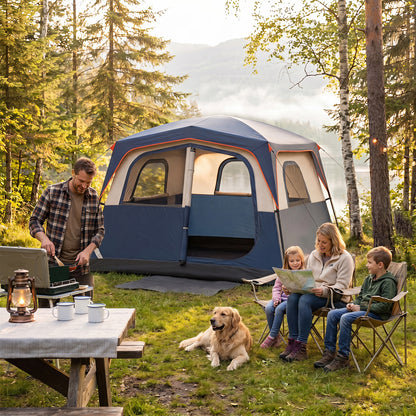Black 6-person camping tent with mesh windows, easy setup, rainfly, suitable for family outdoor camping adventures