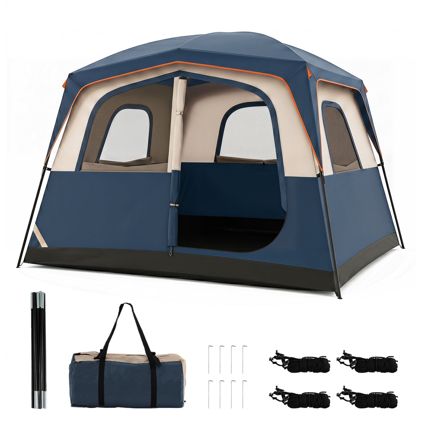 Black 6-person camping tent with mesh windows and rainfly, easy setup family cabin tent for outdoor camping trips.