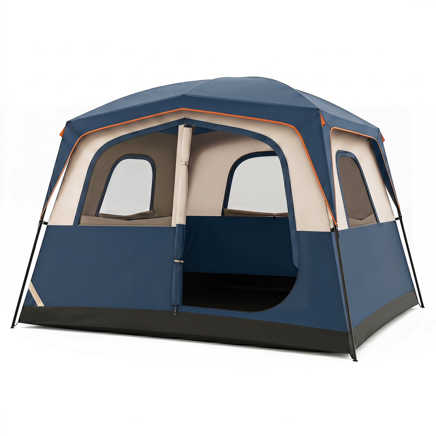 Black 6-person camping tent with mesh windows and rainfly, easy setup family cabin tent for outdoor camping adventures.