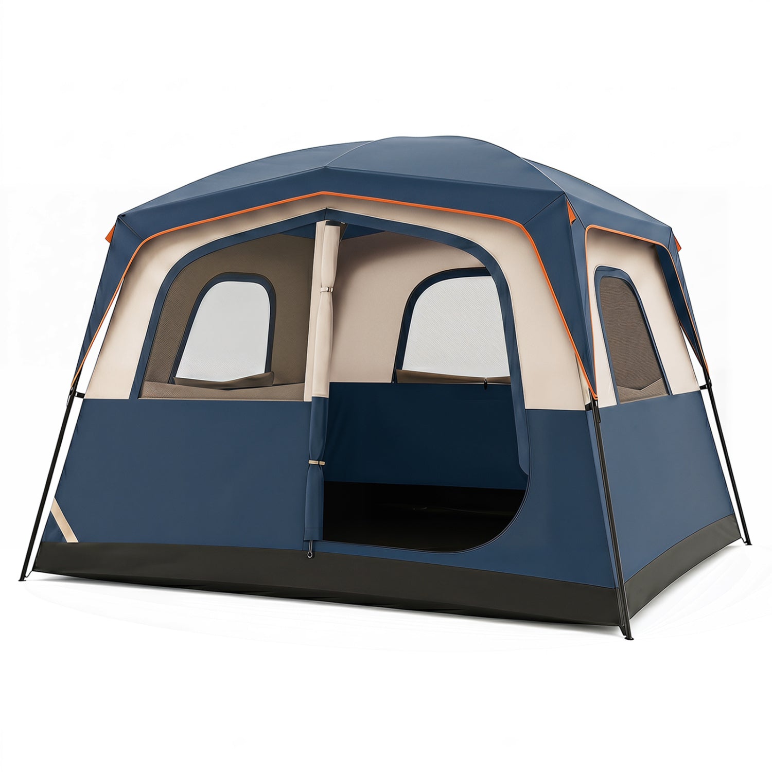 Black 6-person camping tent with mesh windows and rainfly, easy setup family cabin tent for outdoor camping adventures.
