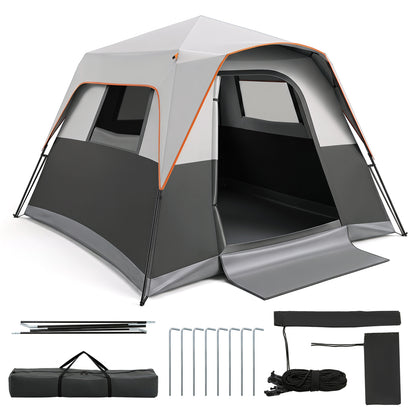 Grey 6-person outdoor camping tent with blackout fabric, rainfly, and carry bag, easy setup instant cabin tent for camping trips.