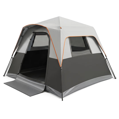 Gray 6-person outdoor camping tent with blackout fabric, rainfly, easy setup, and carrying bag for instant cabin camping.