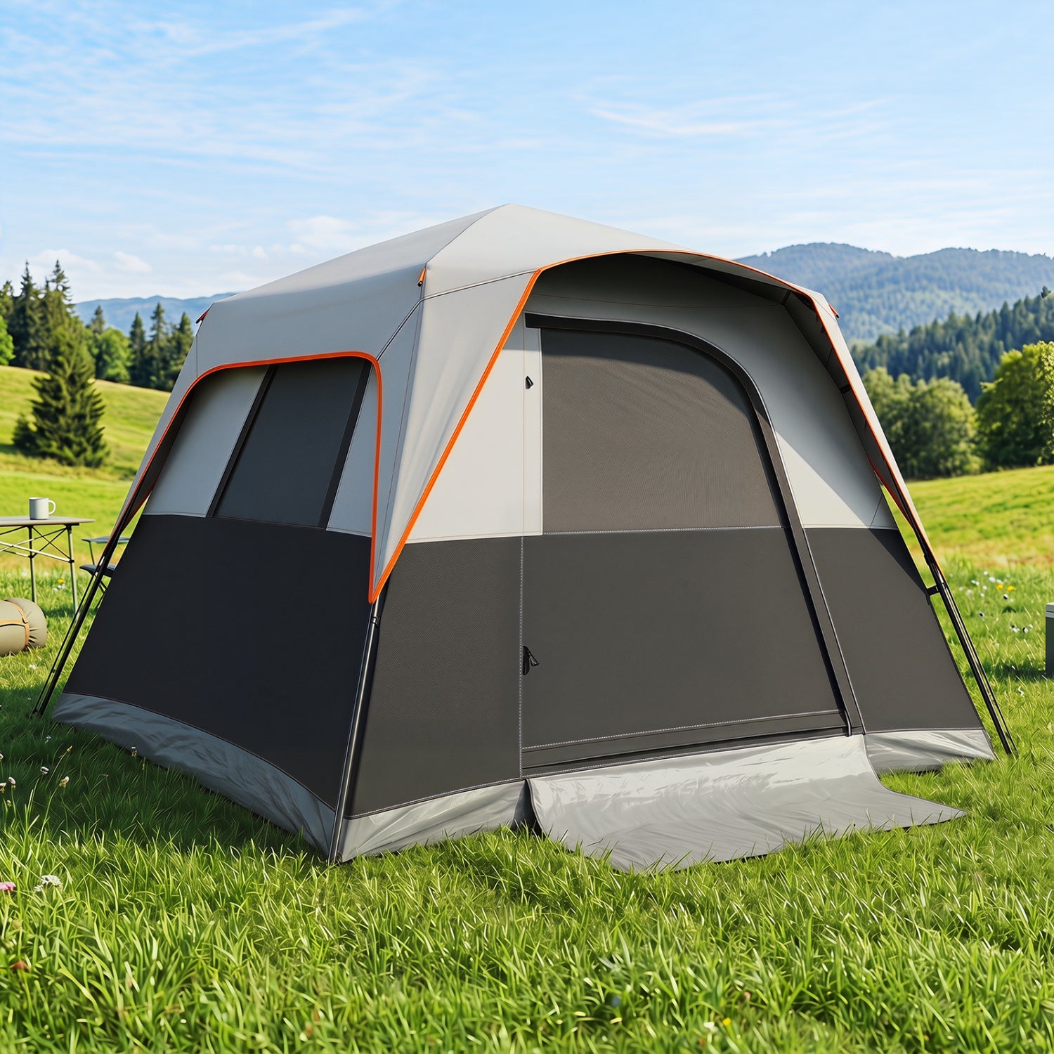 Gray 6-person outdoor camping tent with blackout fabric, rainfly, and easy setup cabin design, shown with carry bag.