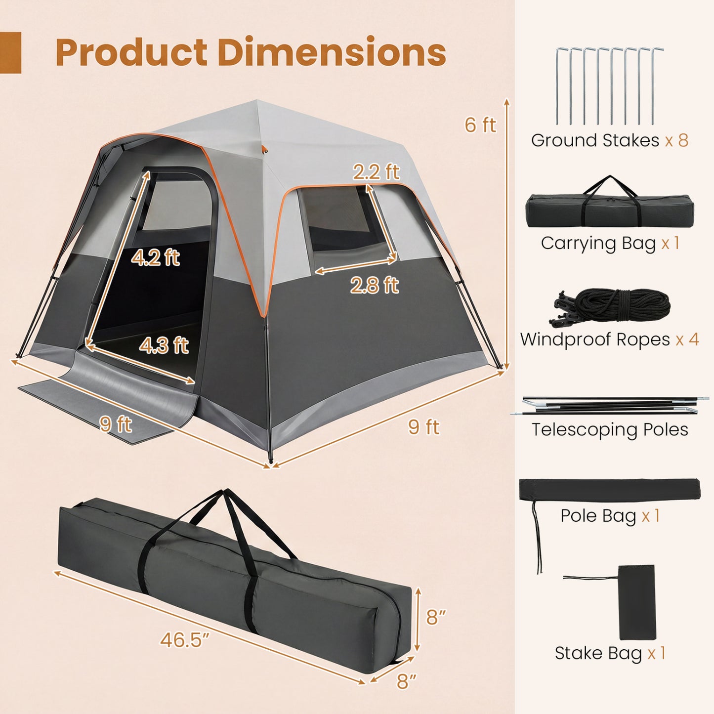 Gray 6-person outdoor camping tent by Wilsons Home Store with blackout fabric, rainfly, and easy setup cabin design.