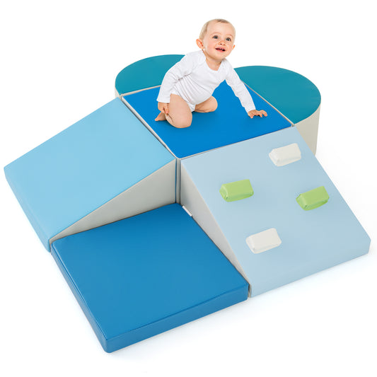 Blue 6-piece soft play set for toddlers with climbing triangle and ramp, designed for indoor climbing and active play.