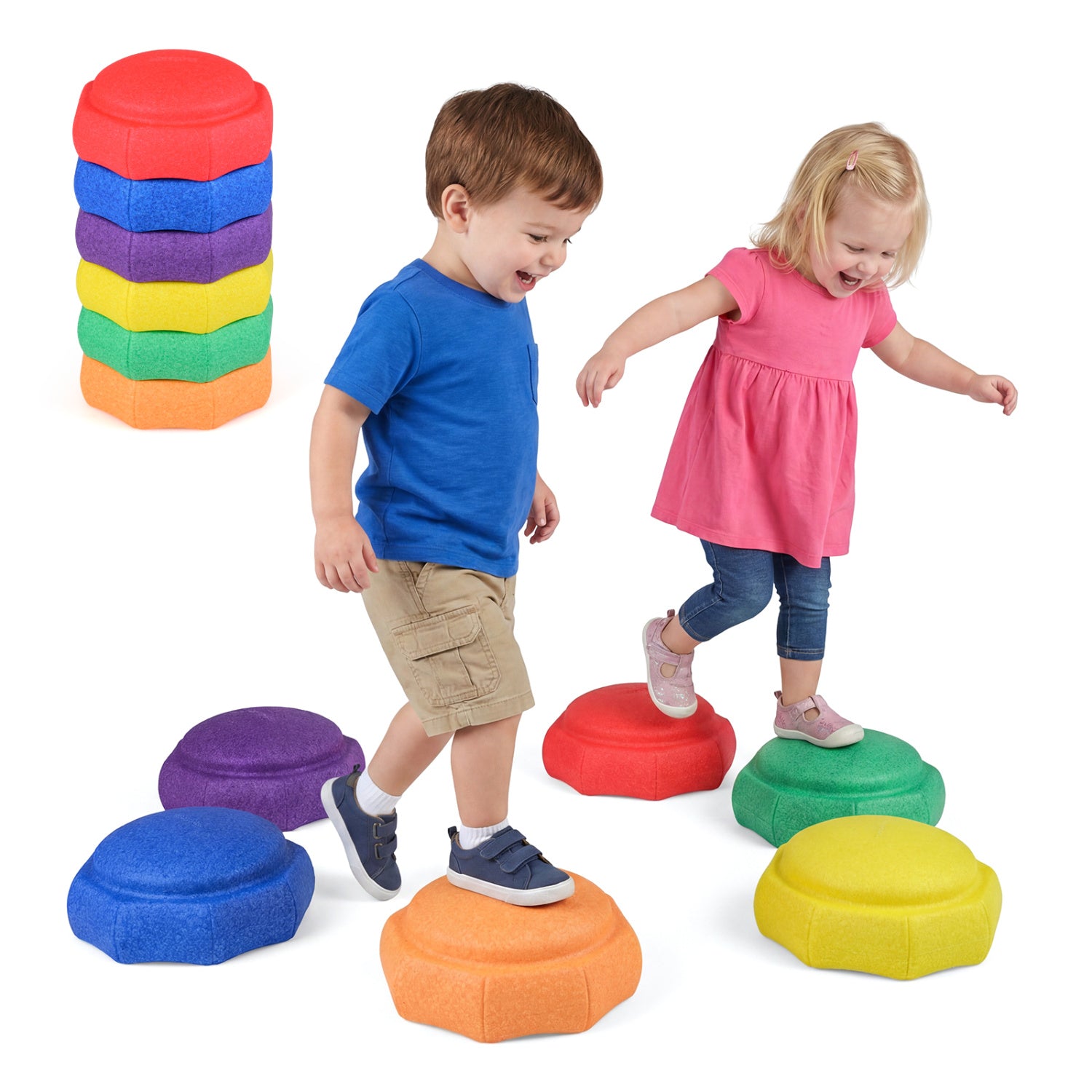 Six colorful stepping stones for kids' outdoor sensory play and coordination, designed for safe, active outdoor fun.