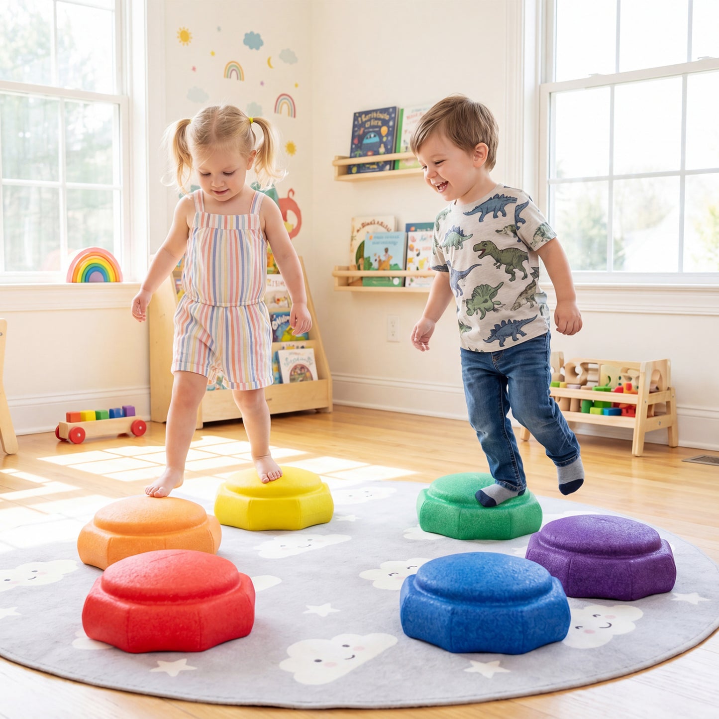 Colorful 6-piece stepping stones for kids' outdoor sensory play and coordination, designed for safe, fun active outdoor activity.