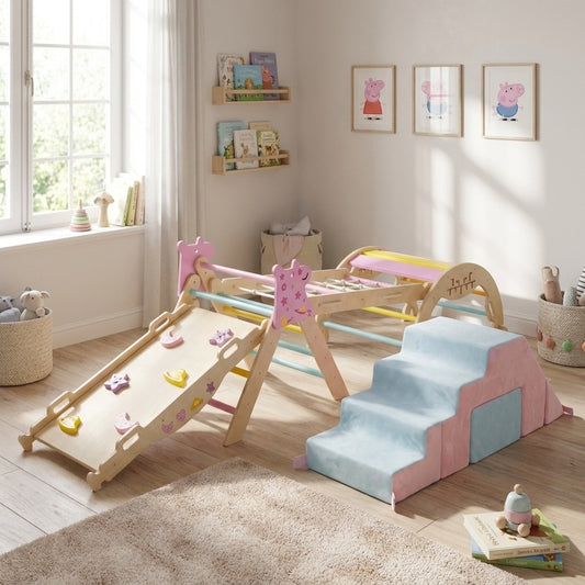 Colorful 6-piece toddler indoor play gym with climbing frame and foam blocks for safe, fun indoor activity.