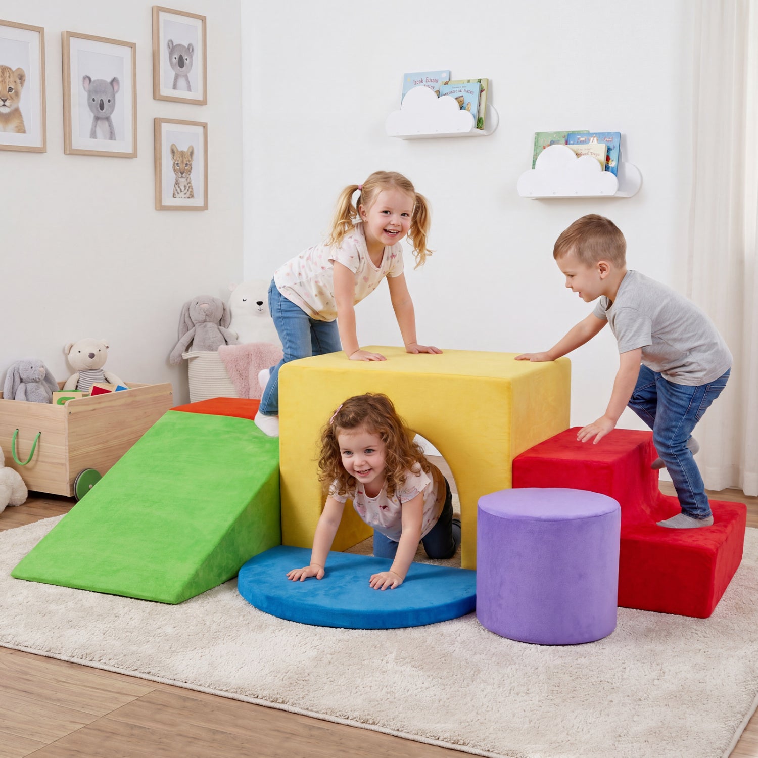 Six gray foam climbing blocks for kids with slide and tunnel, part of indoor climber and slide toy set.