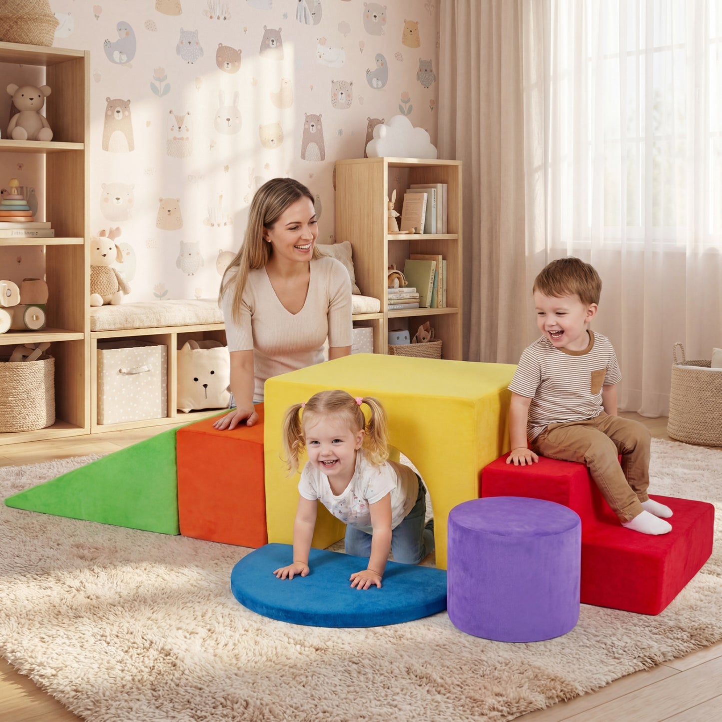 Six gray foam climbing blocks for kids with slide and tunnel, indoor play set for active fun and safe climbing.